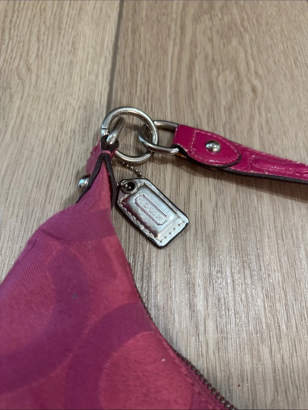 COACH Y2K Distressed Madison Signature Optic Pink Satin Shoulder Hand Bag